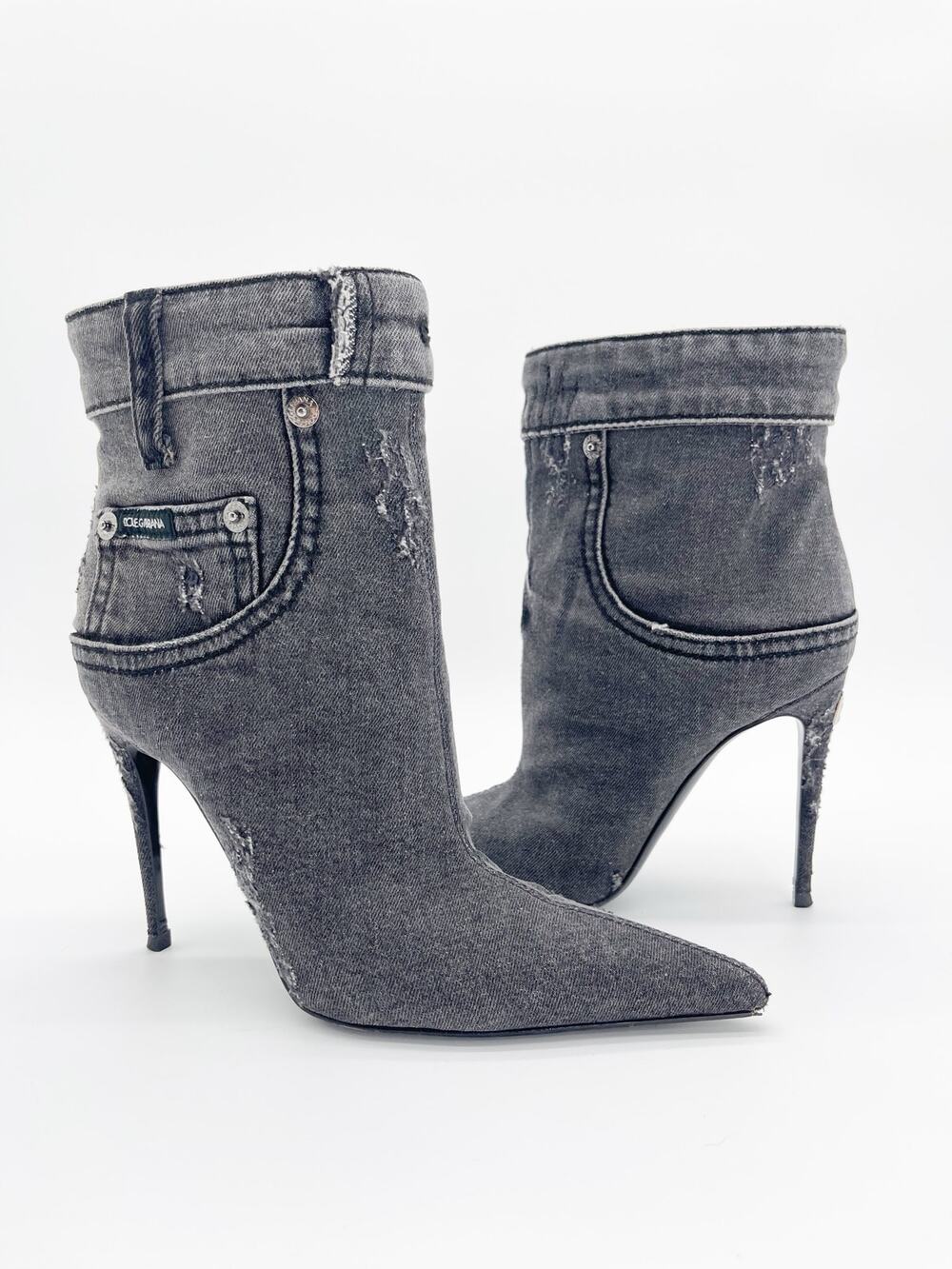 Dolce & Gabbana Gray Distressed Patchwork Denim Logo Stiletto Ankle Boots IT 37
